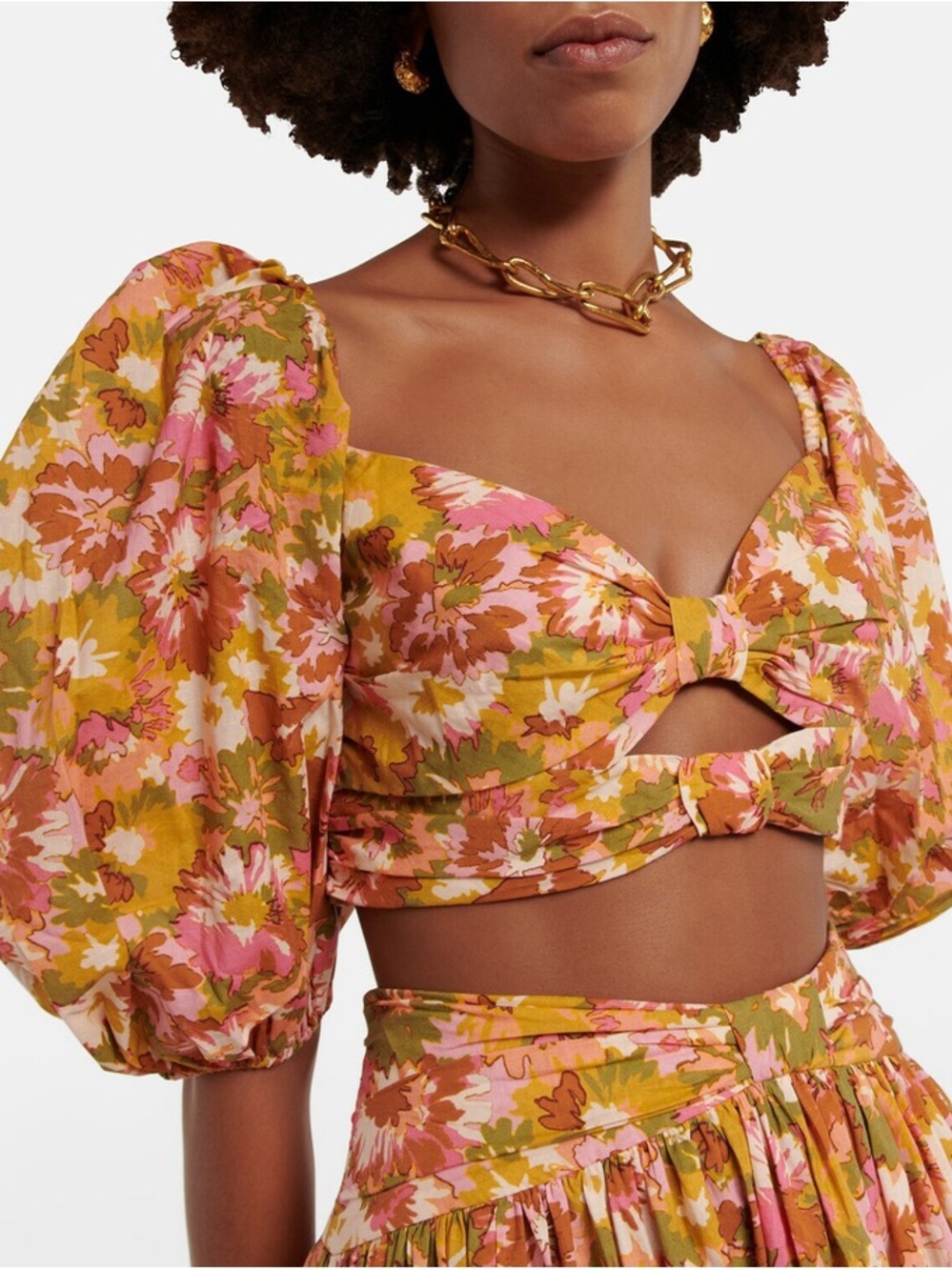 Zimmermann Floral Tie-Front Puff Sleeve Crop Top